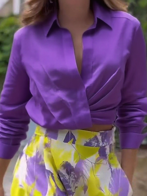 Women's V-neck Pleated Cotton and Linen Shirt