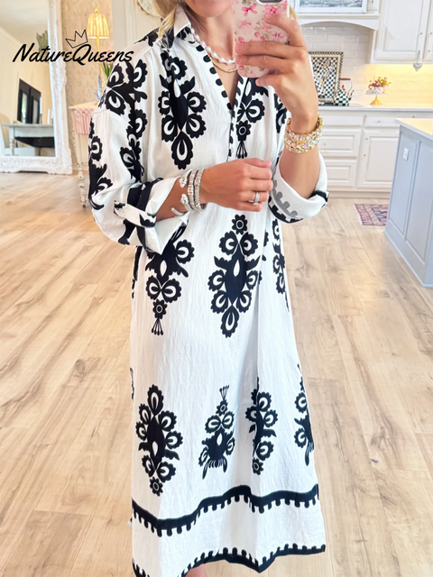 Women's Loose V-neck Long-sleeved Cotton and Linen Dress