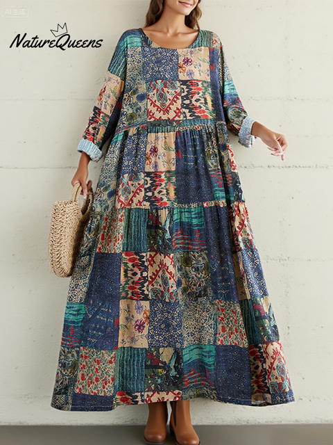 Women's Loose Floral Plaid Splicing Printed Cotton Dress