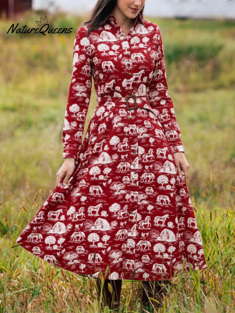 Women's Fun Retro Farm Print Lapel Cotton Midi Dress