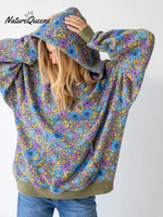 Women's Boho Floral Print Colorblock Cuff Cotton Hoodie
