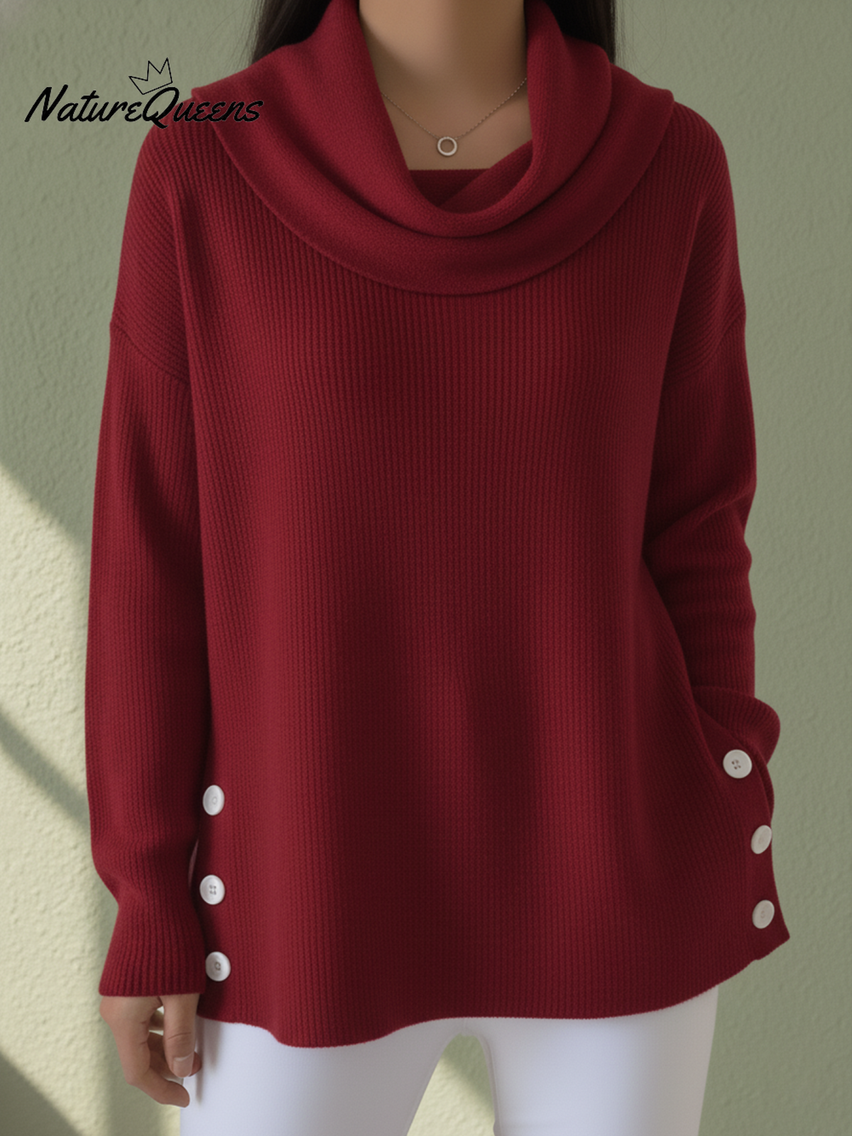 Retro Elegant Draped Collar Hem Slit Button Sweater Top