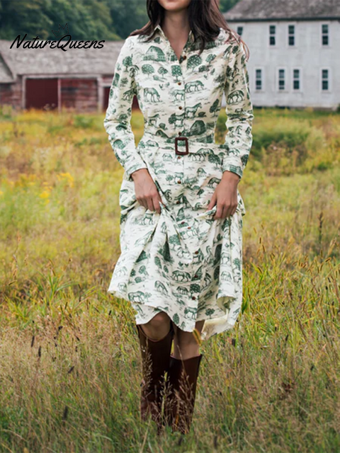 Women's Fun Retro Farm Print Lapel Cotton Midi Dress