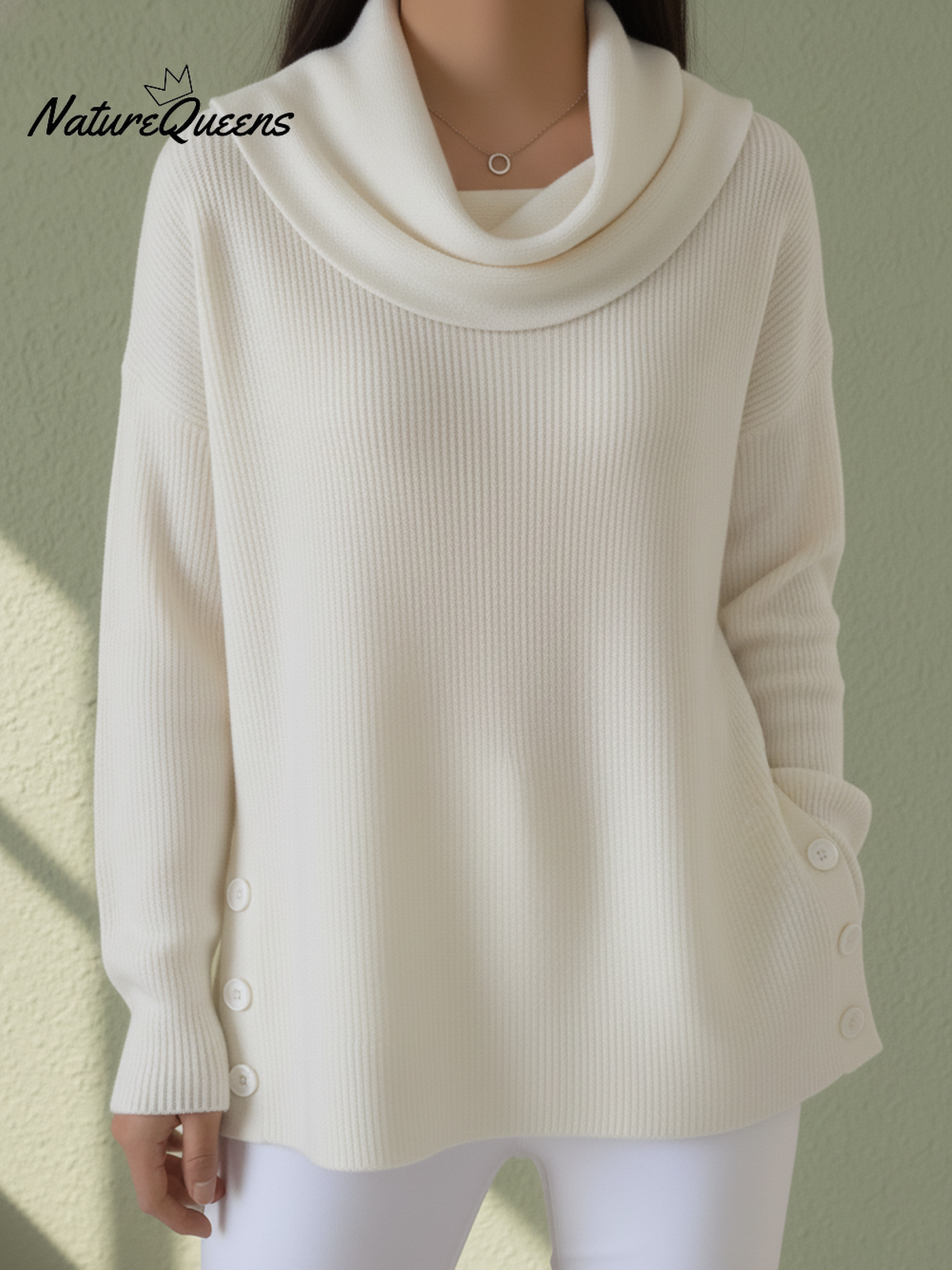 Retro Elegant Draped Collar Hem Slit Button Sweater Top