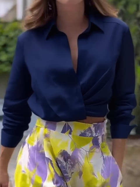 Women's V-neck Pleated Cotton and Linen Shirt