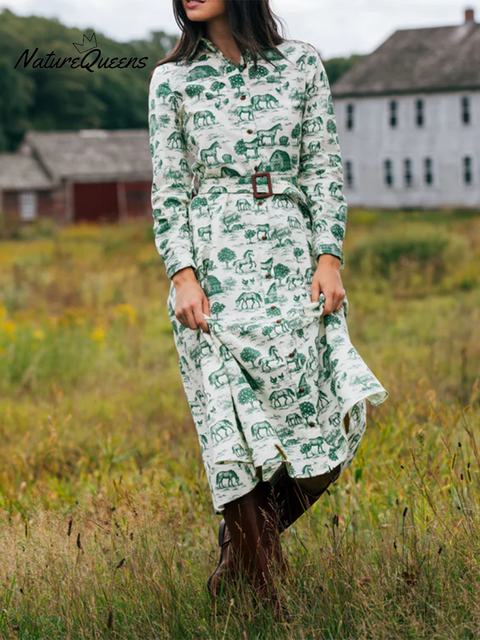 Women's Fun Retro Farm Print Lapel Cotton Midi Dress