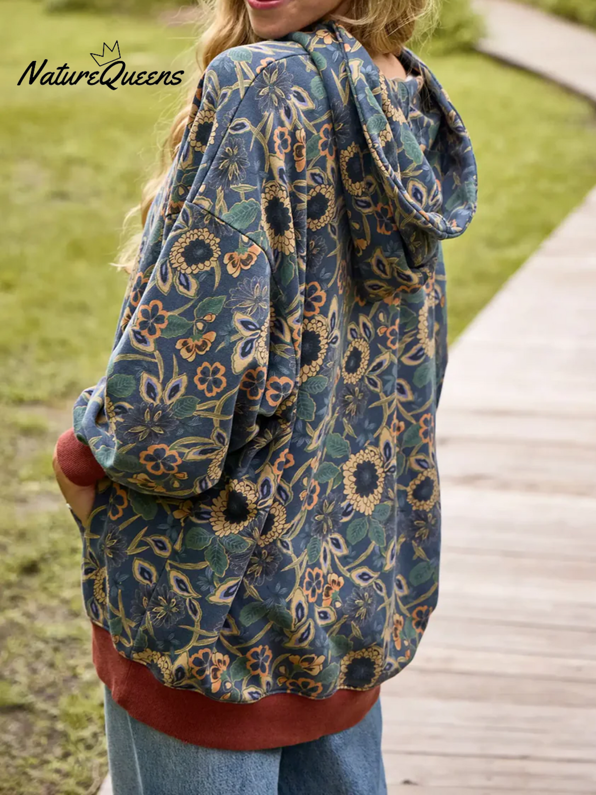 Women's Boho Floral Print Colorblock Cuff Cotton Hoodie