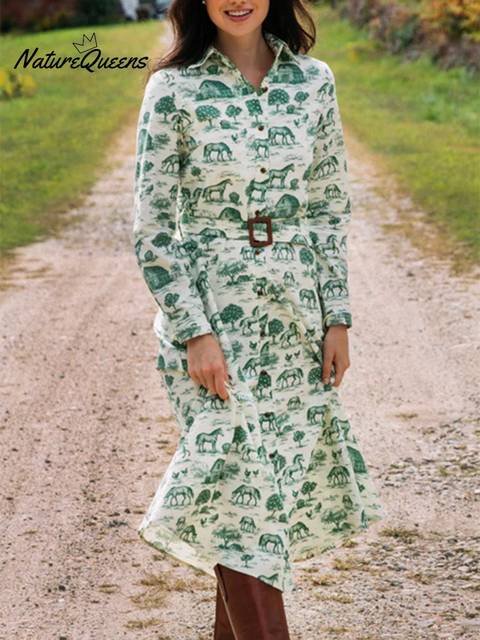 Women's Fun Retro Farm Print Lapel Cotton Midi Dress