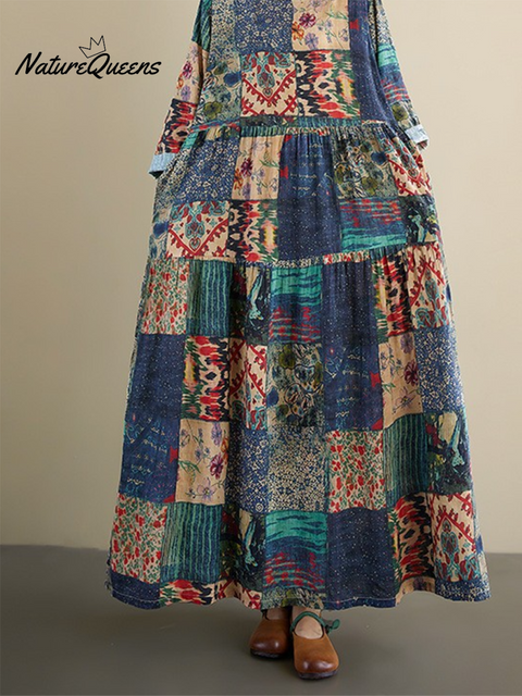 Women's Loose Floral Plaid Splicing Printed Cotton Dress