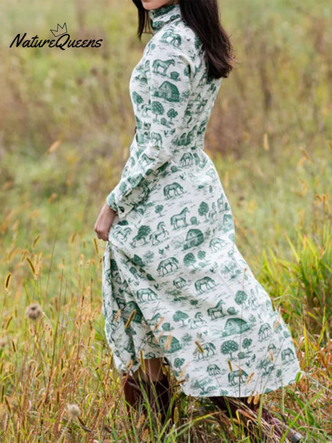 Women's Fun Retro Farm Print Lapel Cotton Midi Dress