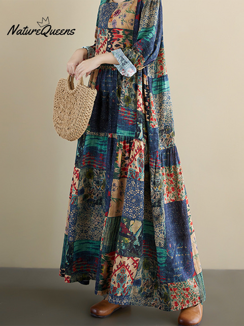 Women's Loose Floral Plaid Splicing Printed Cotton Dress