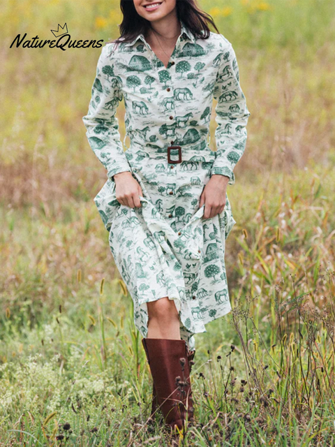 Women's Fun Retro Farm Print Lapel Cotton Midi Dress