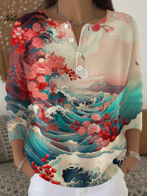 Women's Floral Sea Wave Japanese Art Print Casual Shirt