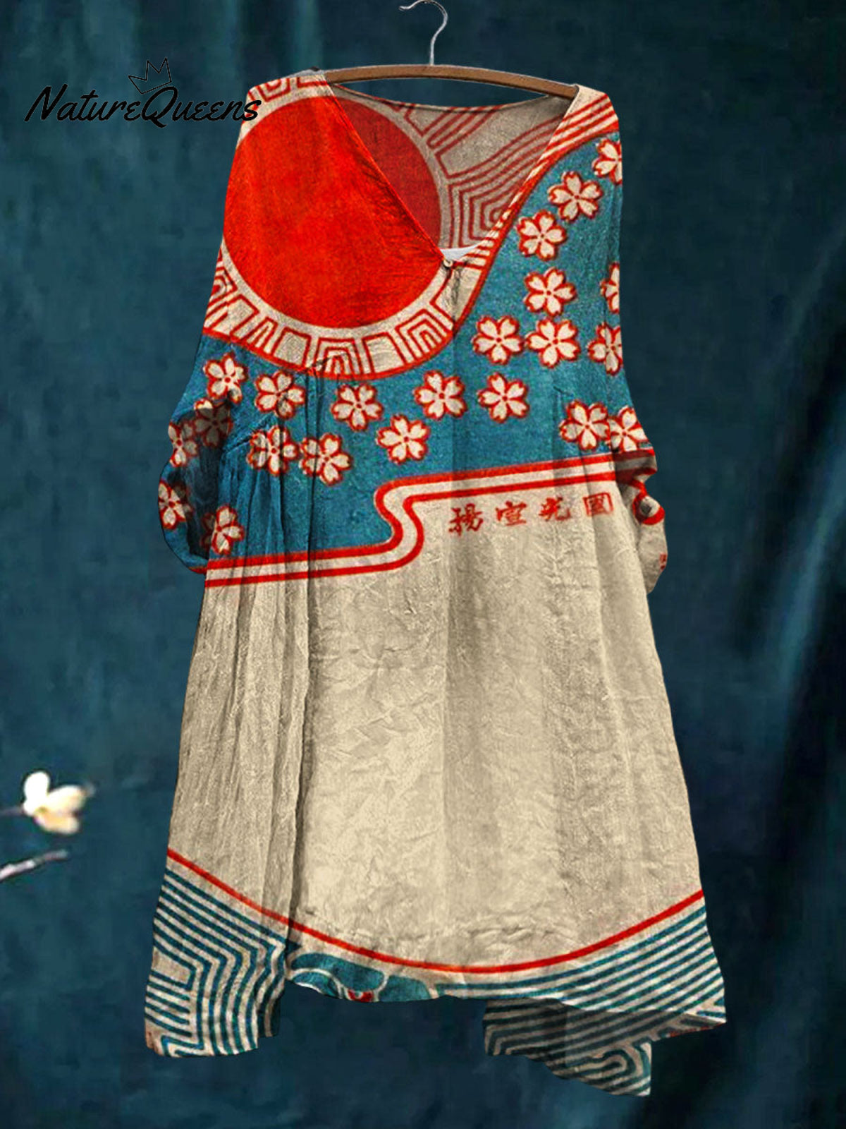 Women's Vintage Abstract Lines Sun Art Print Pocket V-neck Cotton Dress