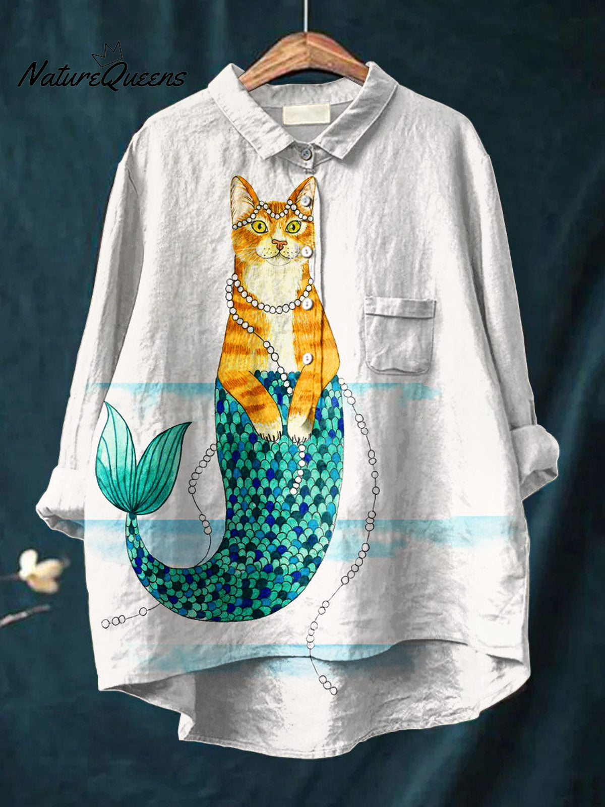 Women's Vintage Ocean Fish Cat Art Print Casual Cotton And Linen Shirt