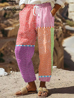 Women's Vintage Abstract Geometric Line Art Printed 100%Cotton Casual Pants