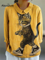 Women's Vintage Funny Cute Cat Art Print Casual Cotton And Linen 3/4 Sleeve Shirt