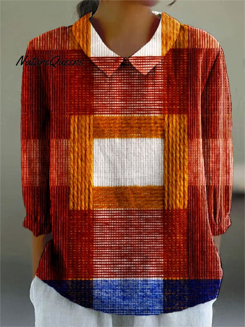 Women's Abstract Geometric Line Color Block Art Print Casual Cotton And Linen 3/4 Sleeve Shirt