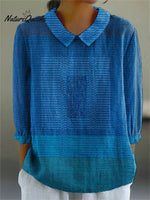 Women's Abstract Geometric Line Color Block Art Print Casual Cotton And Linen 3/4 Sleeve Shirt