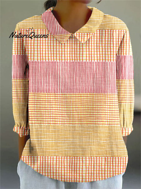 Women's Abstract Geometric Line Color Block Art Print Casual Cotton And Linen 3/4 Sleeve Shirt