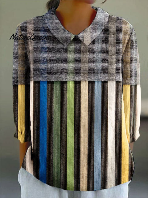 Women's Abstract Geometric Line Color Block Art Print Casual Cotton And Linen 3/4 Sleeve Shirt