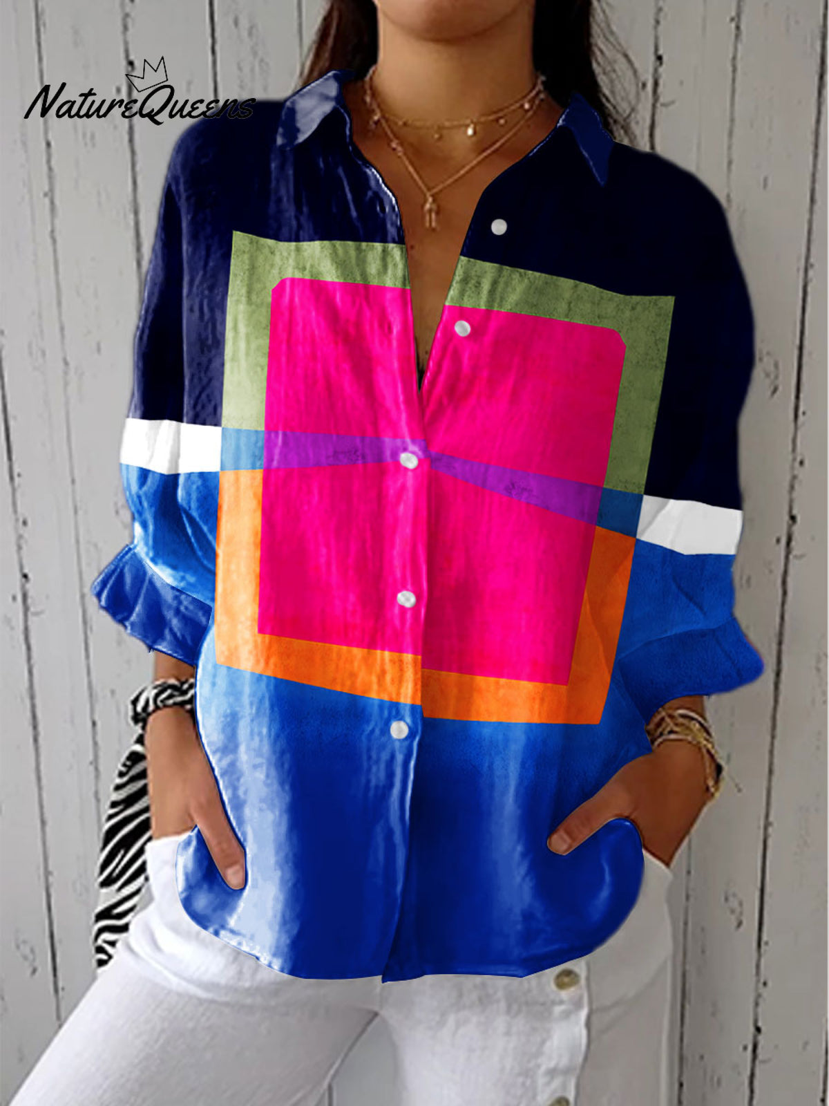 Women's Vintage Abstract Geometric Lines Art Print Casual Linen V-neck Shirt