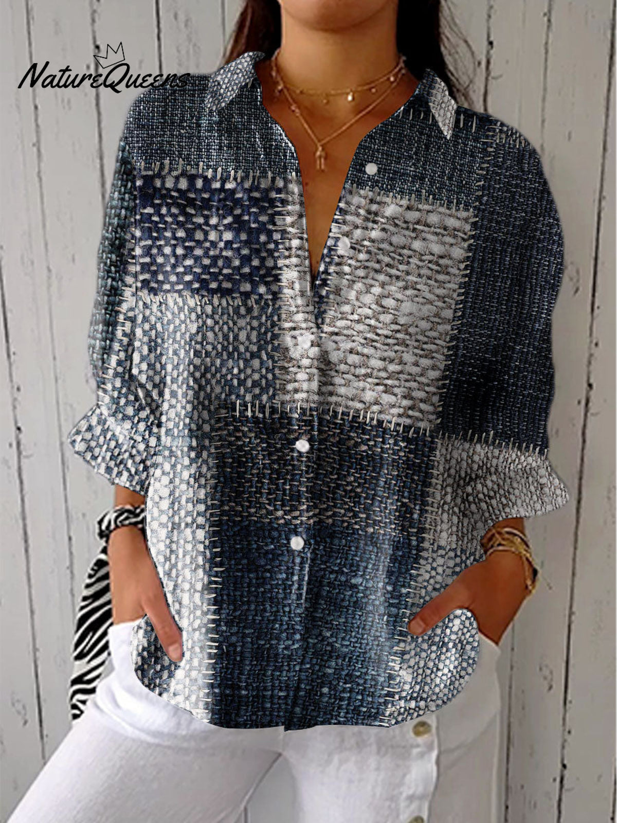 Women's Vintage Abstract Geometric Lines Art Print Casual Linen V-neck Shirt