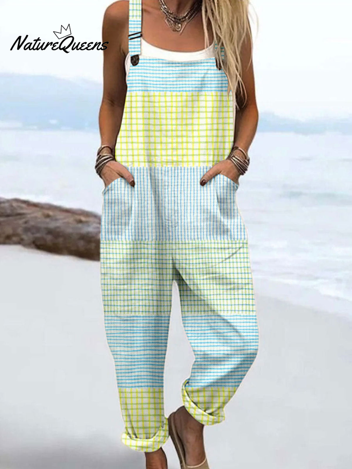 Women's Vintage Abstract Geometric Lines ArtPrint Casual 100% Cotton Wide Leg Jumpsuit