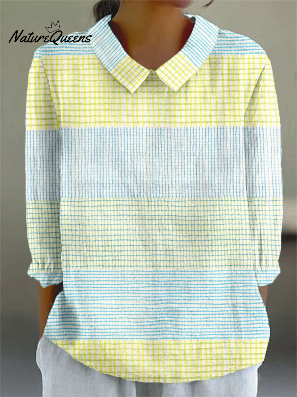 Women's Vintage Abstract Geometric Lines Art Print Casual Cotton And Linen 3/4 Sleeve Shirt