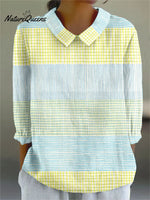 Women's Vintage Abstract Geometric Lines Art Print Casual Cotton And Linen 3/4 Sleeve Shirt