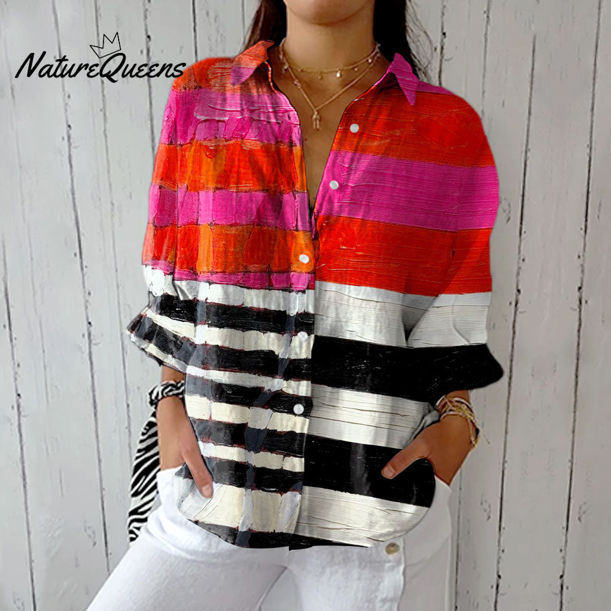 Women's Vintage Abstract Geometric Line Art Print Casual Linen V-neck Shirt