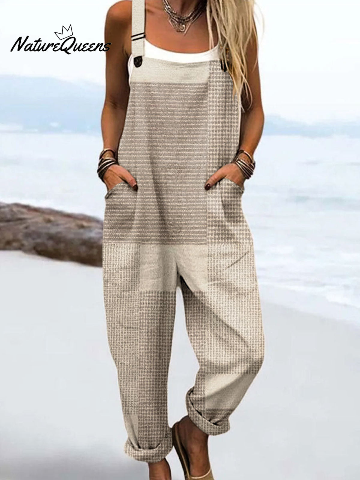 Women's Vintage Abstract Geometric Line Art Print Casual 100% Cotton Wide Leg Jumpsuit