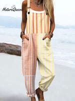 Women's Vintage Abstract Geometric Line Art Print Casual 100% Cotton Wide Leg Jumpsuit