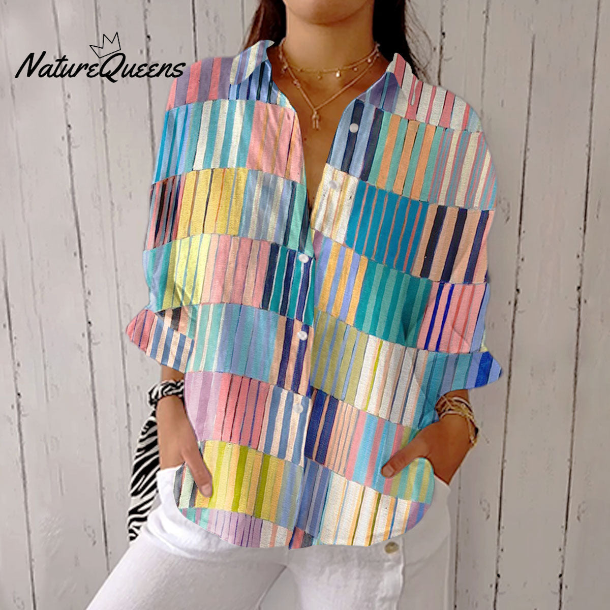 Women's Vintage Abstract Geometric Line Art Print Casual Linen V-neck Shirt