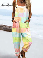 Women's Vintage Abstract Geometric Line Art Print Casual 100% Cotton Wide Leg Jumpsuit