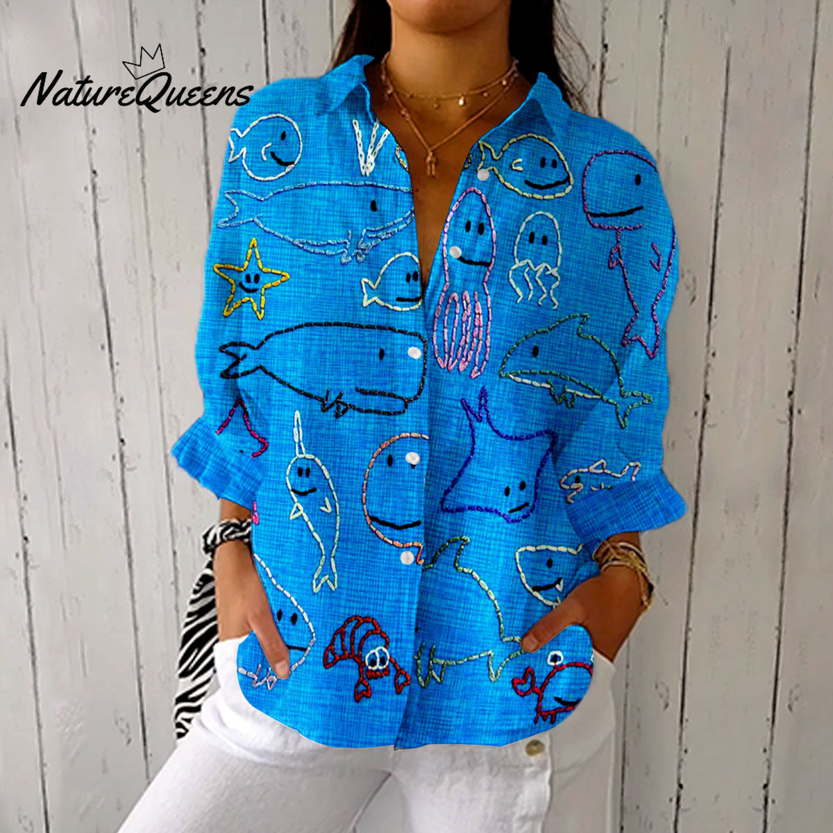 Women's Vintage Abstract Ocean Fish Art Print Casual Linen V-neck Shirt