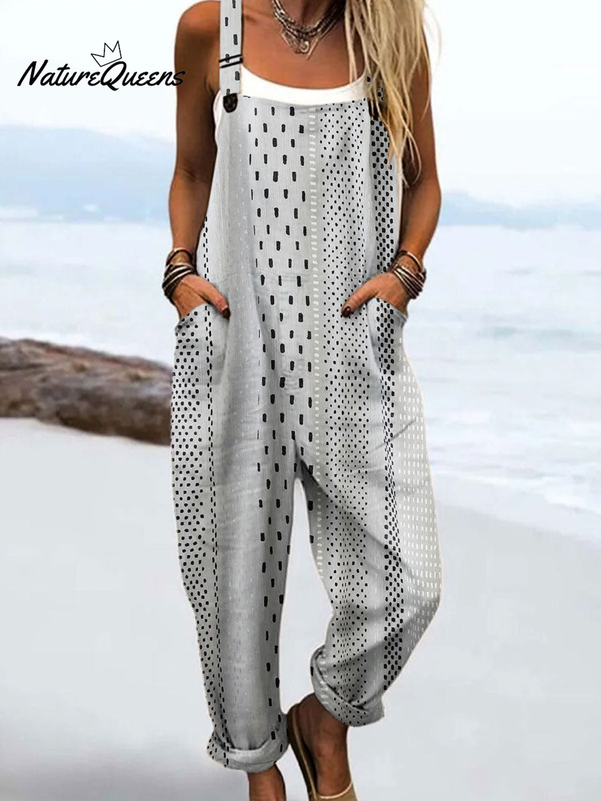 Women's Vintage Abstract Geometric Lines Print Casual 100% Cotton Wide Leg Jumpsuit