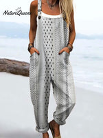 Women's Vintage Abstract Geometric Lines Print Casual 100% Cotton Wide Leg Jumpsuit