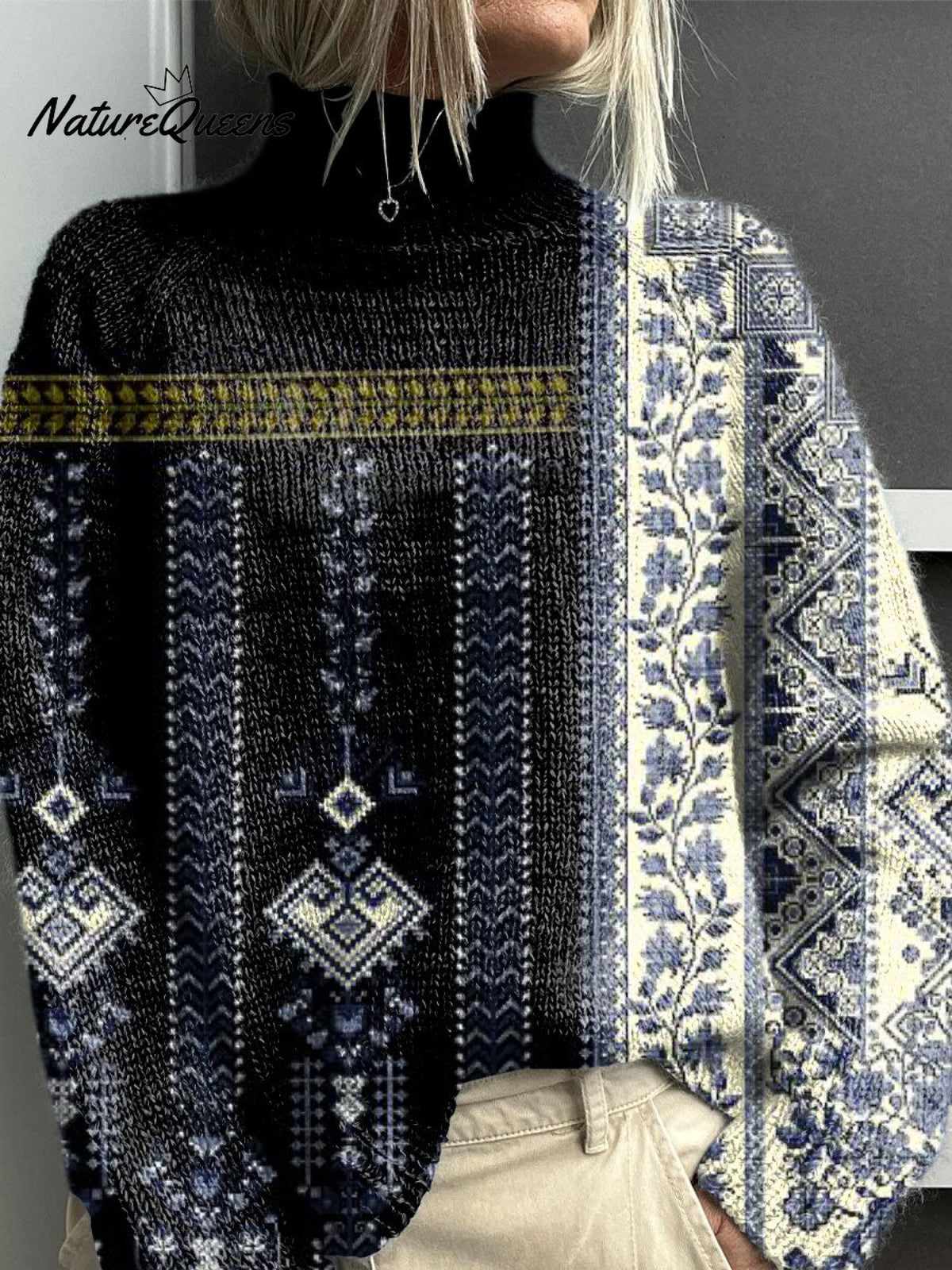 Retro Flowers Print Knit Turtleneck Pullover Sweater