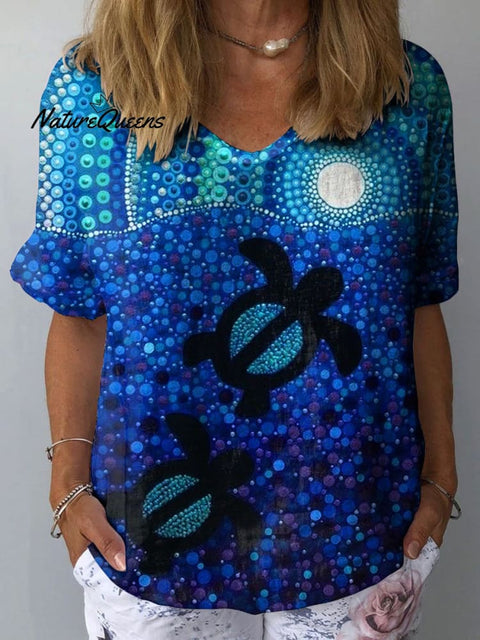 Women's Azure Turtle Art Print Casual Cotton And Linen Shirt