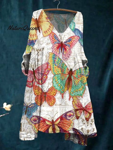 Women's Colorful Butterfly Art Print Pocket V-neck Cotton Dress