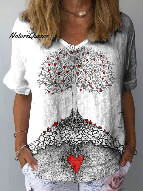 Women's Romantic Heart Art Print Casual Cotton And Linen Shirt