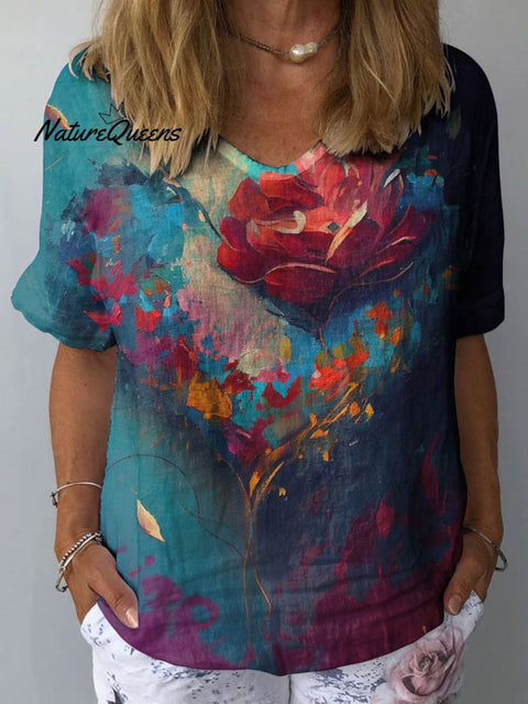 Women's Romantic Heart Art Print Casual Cotton And Linen Shirt