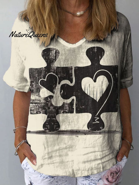 Women's Love Jigsaw Art Print Casual Cotton And Linen Shirt