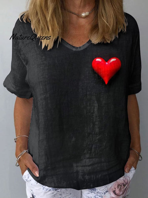 Women's Romantic Heart Art Print Casual Cotton And Linen Shirt