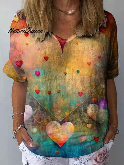 Women's Romantic Heart Art Print Casual Cotton And Linen Shirt