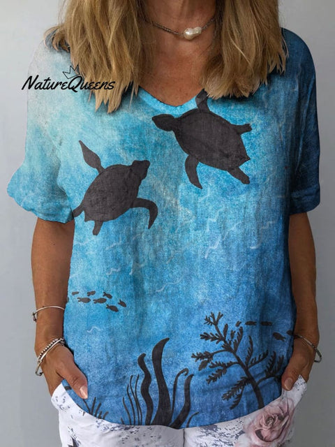 Women's Turtle Art Print Casual Cotton And Linen Shirt