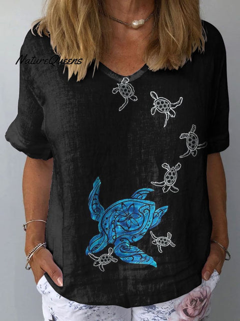 Women's Turtle Art Print Casual Cotton And Linen Shirt