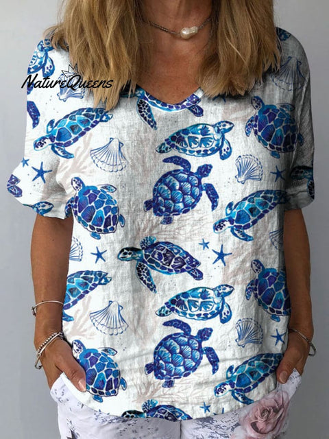 Women's Turtle Art Print Casual Cotton And Linen Shirt