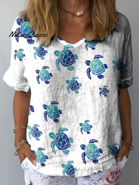 Women's Turtle Art Print Casual Cotton And Linen Shirt